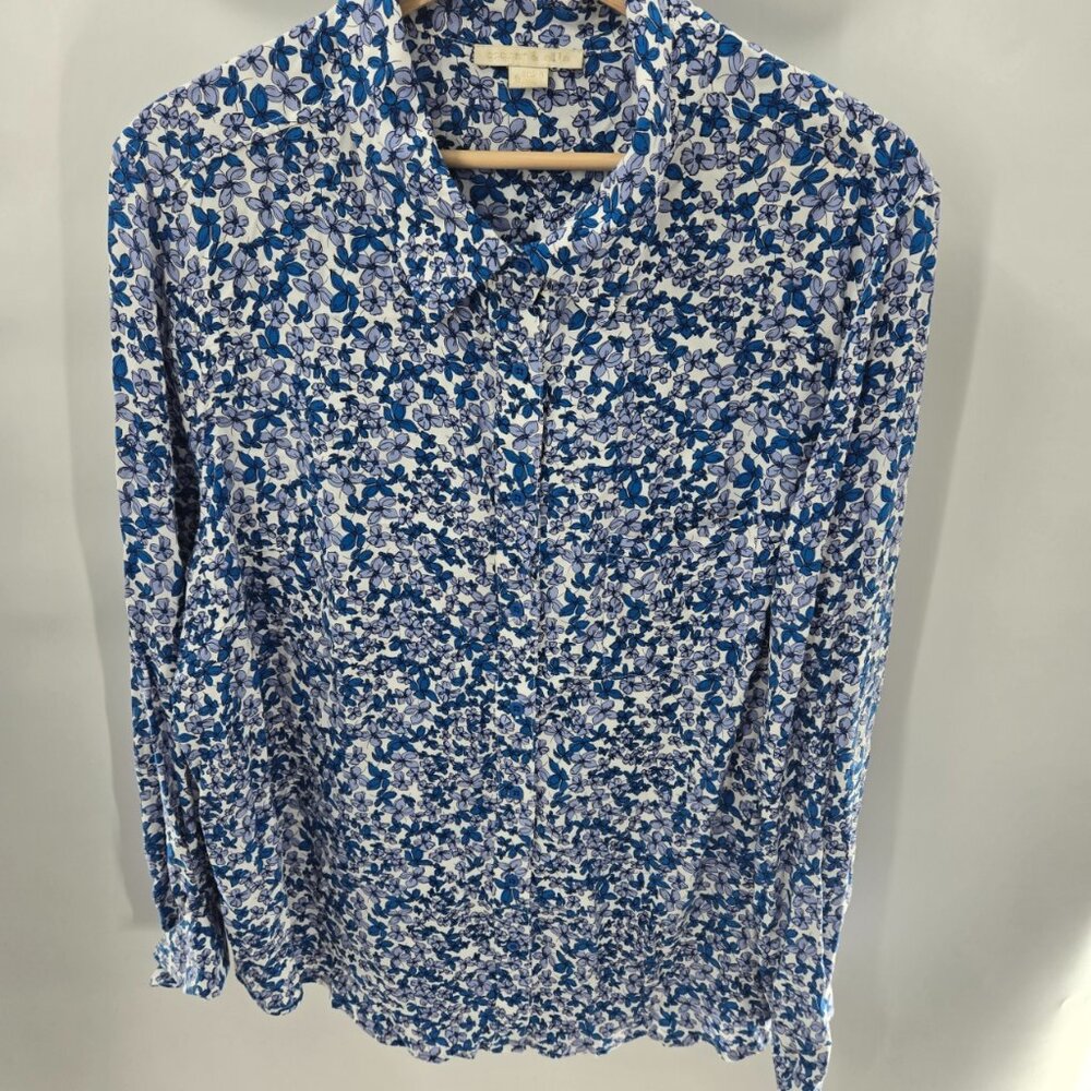 Cooper and Ella White Blue Florals Rayon Button Down Long Sleeved Shirt 1x
